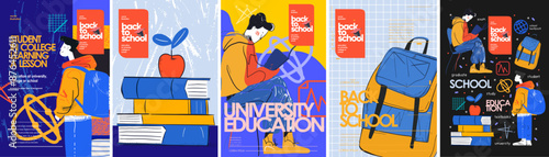 University, education and student. Back to school. Abstract sketch style vector illustration of a college student reading, backpack, textbooks for poster, flyer or background