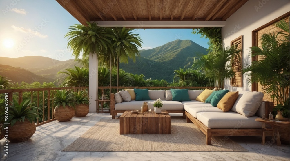 Luxury marble terrace around green exotic plants Luxury marble terrace around green exotic plants