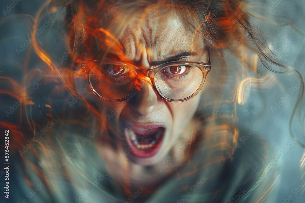 The beautiful woman with eyeglasses and a well-groomed beard is experiencing intense emotions in this multiple exposure shot on a grey background. The beautiful woman with eyeglasses and a well-groomed beard is experiencing intense emotions in this multiple exposure shot on a grey background.