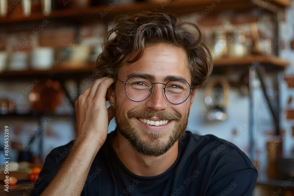 The handsome man with a well-groomed beard and glasses is smiling and trying to hear with his hand over his ear. The handsome man with a well-groomed beard and glasses is smiling and trying to hear with his hand over his ear.