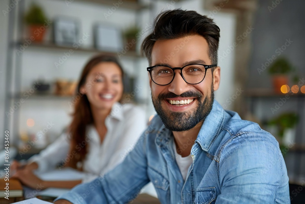 Smiling businessman wearing eyeglasses with a well-groomed beard, beautiful accountant laughing while checking invoice over desk. Smiling businessman wearing eyeglasses with a well-groomed beard, beautiful accountant laughing while checking invoice over desk.
