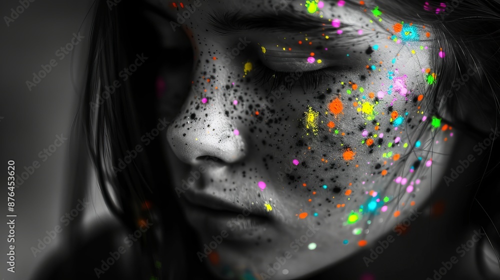 Fototapeta premium Artwork shows a portrait of a young girl in black and white with colorful spots on her face. It represents the concept of mental health, inner fears, diversity, and the psychology of personality.