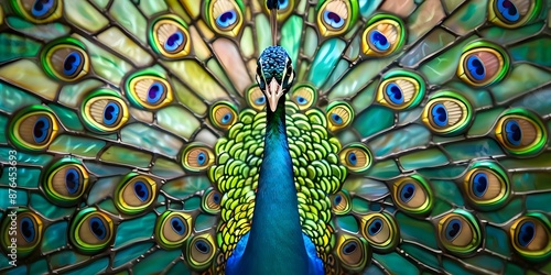 Handcrafted stained glass peacock art in Art Nouveau style with vibrant colors. Concept Stained Glass Art, Peacock Design, Art Nouveau Style, Vibrant Colors, Handcrafted