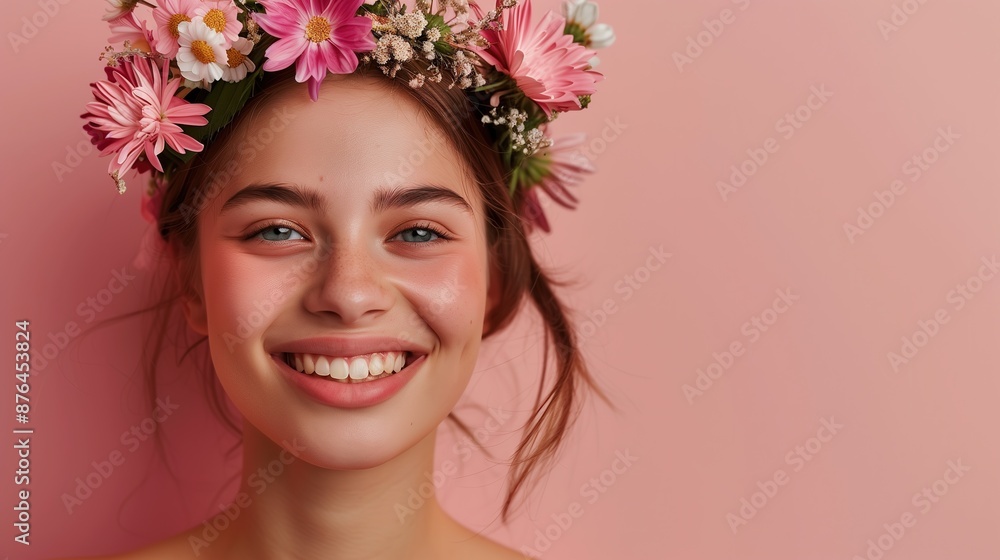 A_young_woman_with_a_radiant_smile_wearing_a_flower_wreath_generative_ai_image
