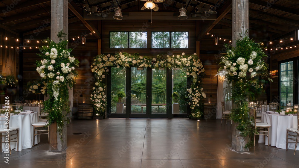 Fototapeta premium Elegant wedding decoration featuring white roses, delicate fairy lights, and lush greenery. The warm bokeh effect in the background creates a magical and romantic atmosphere
