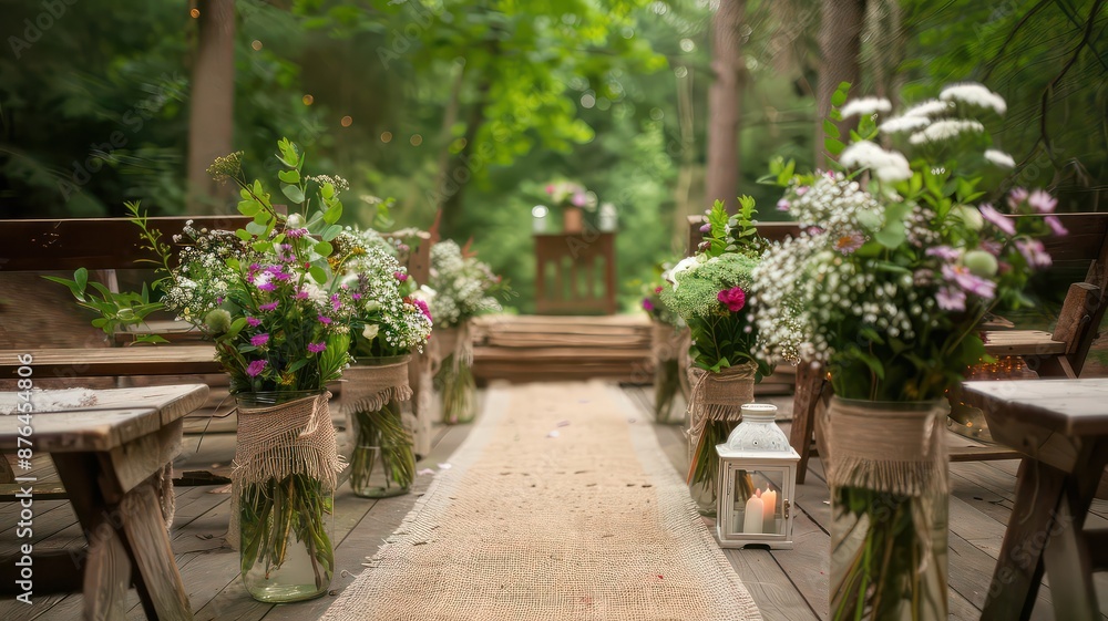 A rustic chic aisle with a burlap runner, flanked by mason jars filled with wildflowers and greenery. Wooden benches add to the charm, creating a serene and inviting setting for an outdoor garden A rustic chic aisle with a burlap runner, flanked by mason jars filled with wildflowers and greenery. Wooden benches add to the charm, creating a serene and inviting setting for an outdoor garden