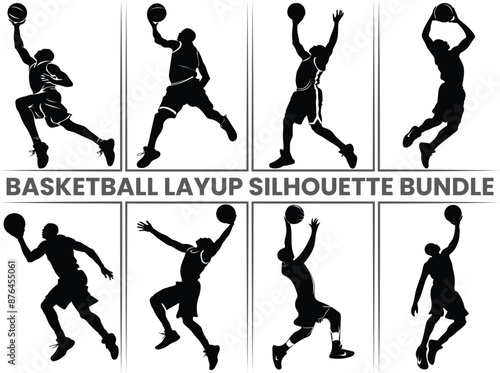 Basketball Layup silhouette, Basketball player, basketball players vector silhouette, Basketball player black silhouette vector illustration isolated on white background.