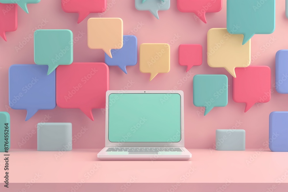 A modern laptop with a blank screen is placed on a pink surface, surrounded by an array of colorful speech bubbles in shades of blue, red, yellow, and green. A modern laptop with a blank screen is placed on a pink surface, surrounded by an array of colorful speech bubbles in shades of blue, red, yellow, and green.