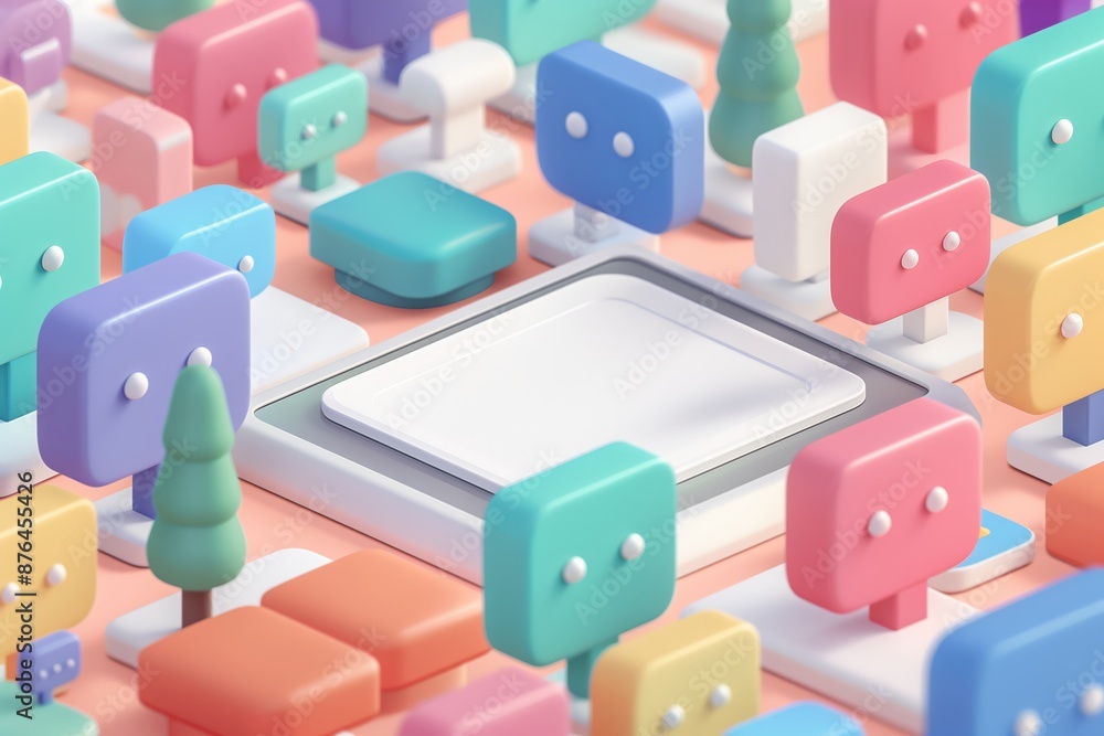 A visually engaging, pastel-colored abstract scene featuring various 3D shapes and objects resembling technology icons. A visually engaging, pastel-colored abstract scene featuring various 3D shapes and objects resembling technology icons.