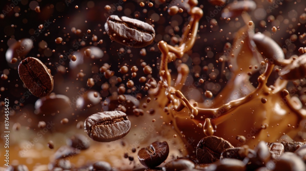 A handful of coffee beans suspended in mid-air, ideal for illustrations or graphic design projects A handful of coffee beans suspended in mid-air, ideal for illustrations or graphic design projects