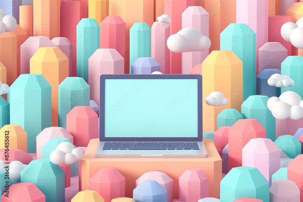A vibrant and playful 3D illustration featuring a laptop at the center, surrounded by a variety of colorful geometric shapes and clouds. A vibrant and playful 3D illustration featuring a laptop at the center, surrounded by a variety of colorful geometric shapes and clouds.