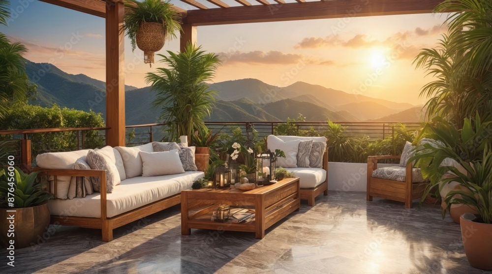 Fototapeta premium Luxury marble terrace around green exotic plants