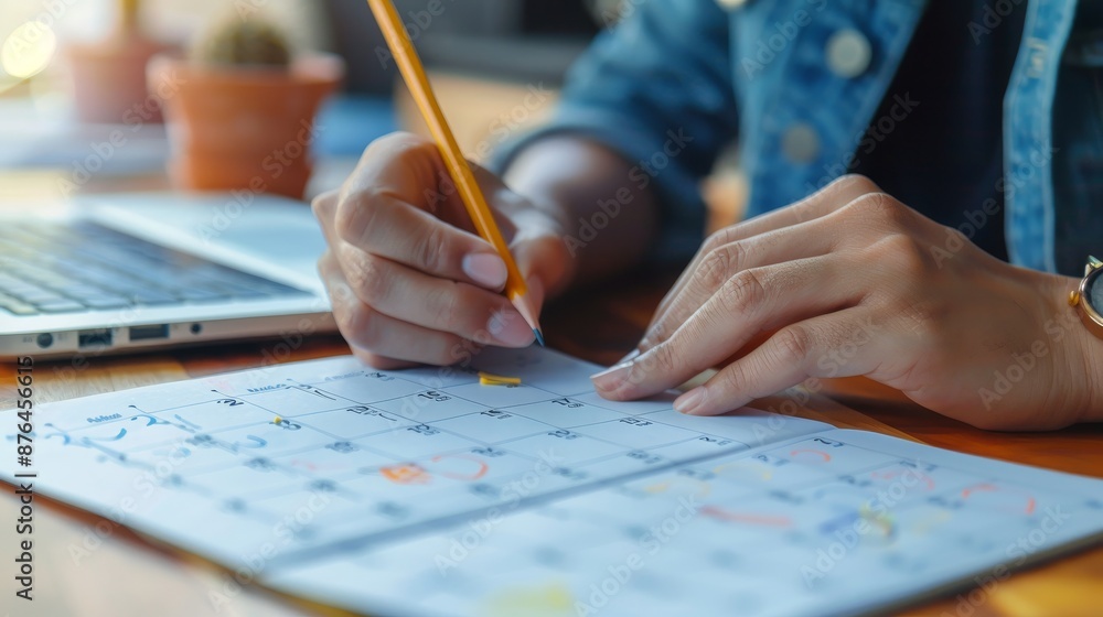 Productivity in Action Hands Marking Calendar Date in Modern Workspace Productivity in Action Hands Marking Calendar Date in Modern Workspace