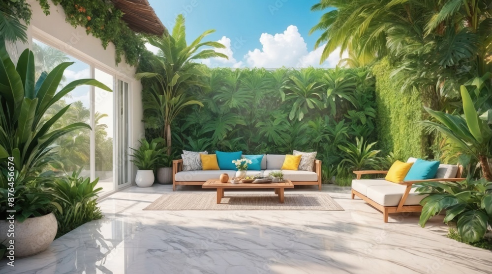 Fototapeta premium Luxury marble terrace around green exotic plants
