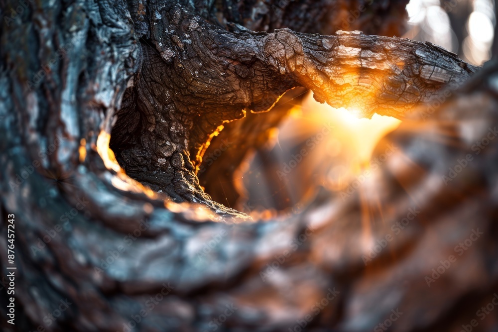Naklejka premium Magical Sunlight Through Heart-Shaped Tree Trunk - Nature's Beauty and Tranquility for Posters, Cards
