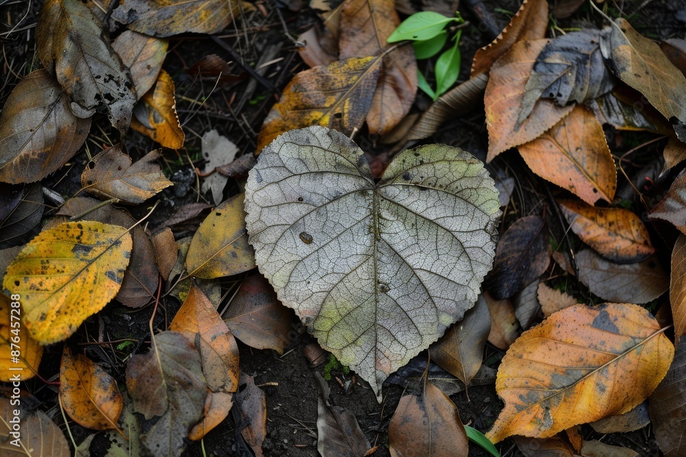 Heart-Shaped Leaf on Forest Floor Surrounded by Autumn Leaves - Nature Photography for Posters Heart-Shaped Leaf on Forest Floor Surrounded by Autumn Leaves - Nature Photography for Posters