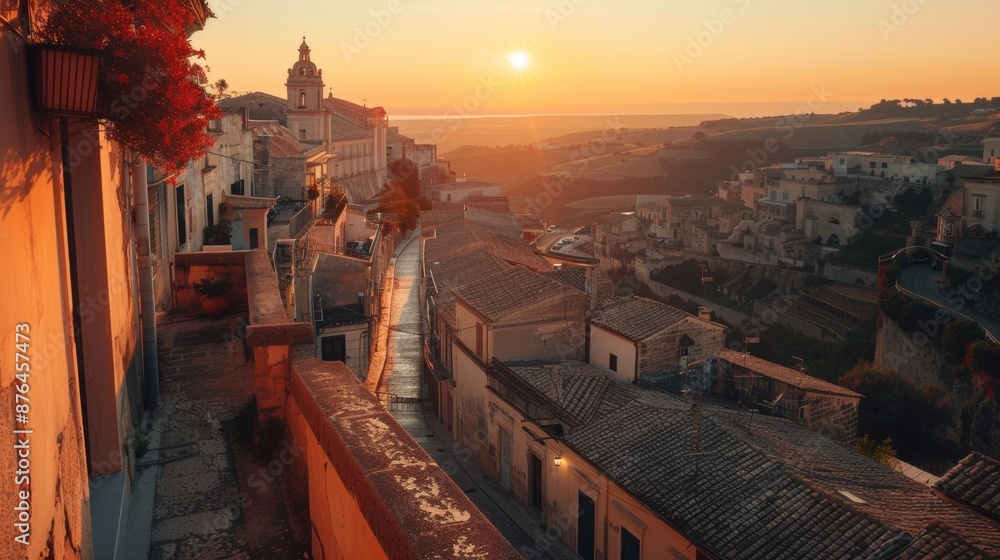 Obraz premium Sunrise at the old baroque town of Ragusa Ibla in Sicily. Historic center called Ibla builded in late Baroque Style. Ragusa, Sicily, Italy, Europe. 
