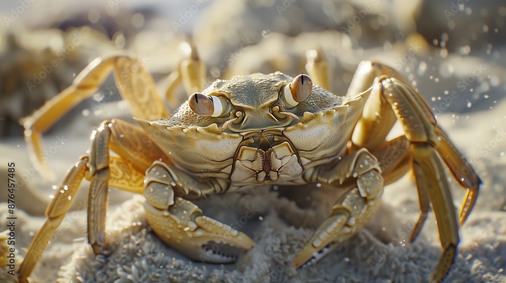 A vibrant crab on a sandy beach, detailing its textured shell and the grains of sand beneath it. A vibrant crab on a sandy beach, detailing its textured shell and the grains of sand beneath it.