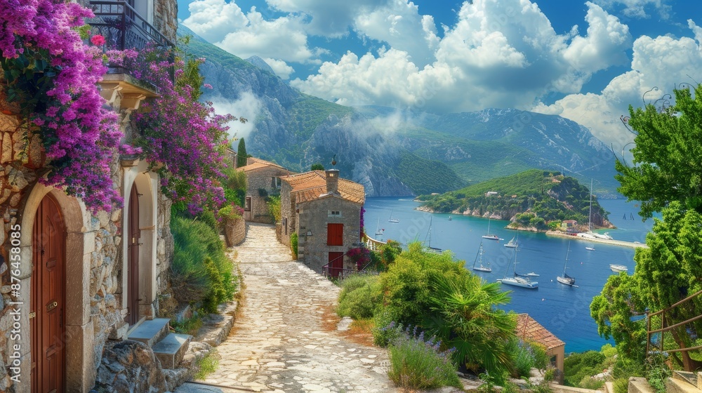 Fototapeta premium Serenity in the Mediterranean Charming stone houses vibrant flowers and azure sea under a bright blue sky captured with Canon EOS 5D Mark IV 2470mm lens