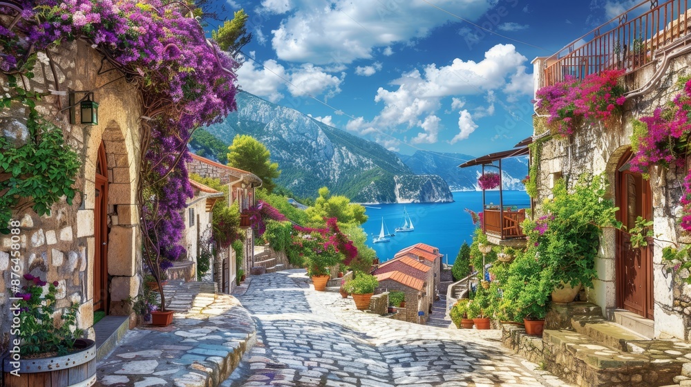 Fototapeta premium Serenity in the Mediterranean Charming stone houses vibrant flowers and azure sea under a bright blue sky captured with Canon EOS 5D Mark IV 2470mm lens