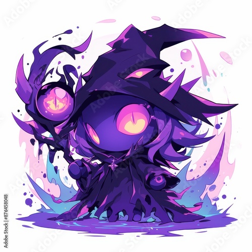 Adorable purple blob wizard casting magic with eyes and staff