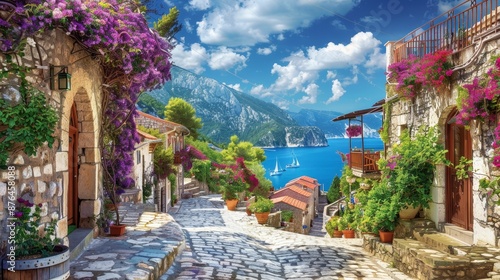 Serenity in the Mediterranean Charming stone houses vibrant flowers and azure sea under a bright blue sky captured with Canon EOS 5D Mark IV 2470mm lens photo