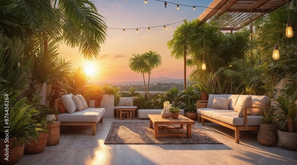 Fototapeta premium Luxury terrace in exotics, minimalist vintage style
