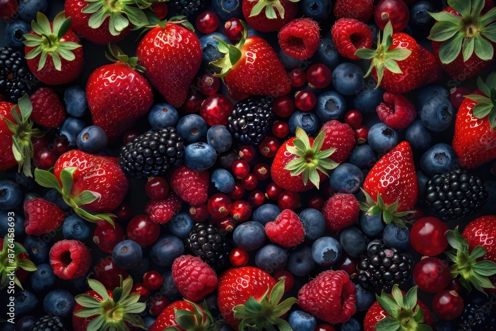 Close-up of fresh strawberries and blueberries on a plate or in a bowl Close-up of fresh strawberries and blueberries on a plate or in a bowl