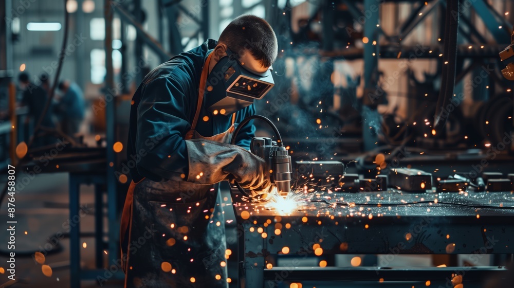 Front View of Man Welding in Workshop with Fire Sparks - Industrial Scene Front View of Man Welding in Workshop with Fire Sparks - Industrial Scene