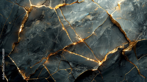 Cracked black stone with golden veins