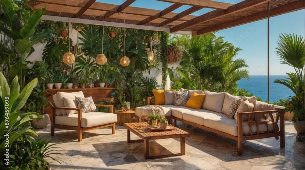 Obraz premium Luxury marble terrace around green exotic plants