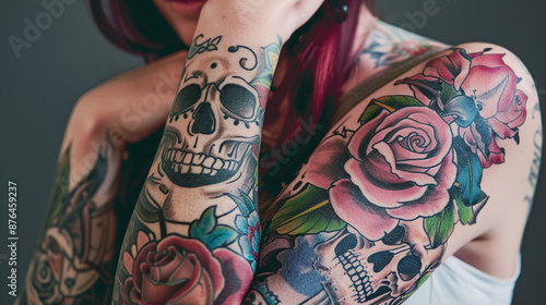 A close-up portrait of a person with sleeves of tattoos, showcasing detailed artwork like roses and skulls.