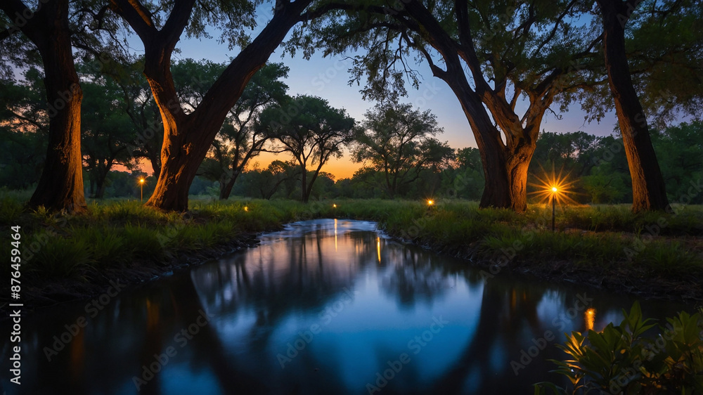 Serene twilight river surrounded by majestic trees with illuminated path creating a peaceful ambiance. Serene twilight river surrounded by majestic trees with illuminated path creating a peaceful ambiance.