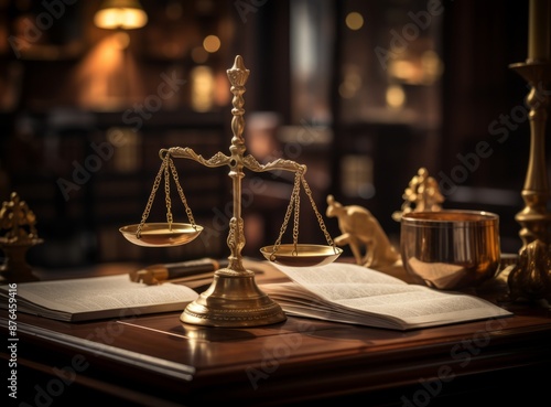 A classic symbol of justice, a brass scale sits poised on a wooden table, ready to weigh the evidence.