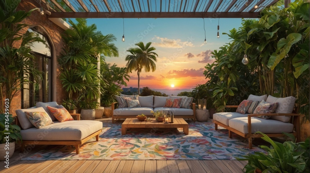 Fototapeta premium Luxury terrace in exotics, minimalist vintage style