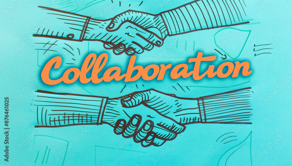 Turquoise background with sketch of handshakes and the word Turquoise background with sketch of handshakes and the word
