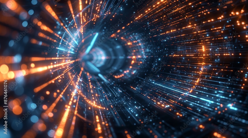 Obraz premium Digital Data Symphony Vibrant Lights in a Technological Tunnel Abstract HighTech Network Concept with Depth and Motion