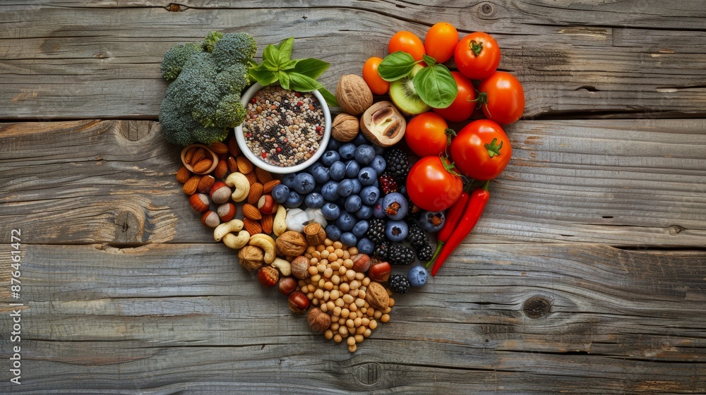 Heart Shape Arrangement of Healthy Fruits, Vegetables, Nuts, and Grains on Wooden Table for Diet and Nutrition Concept Heart Shape Arrangement of Healthy Fruits, Vegetables, Nuts, and Grains on Wooden Table for Diet and Nutrition Concept