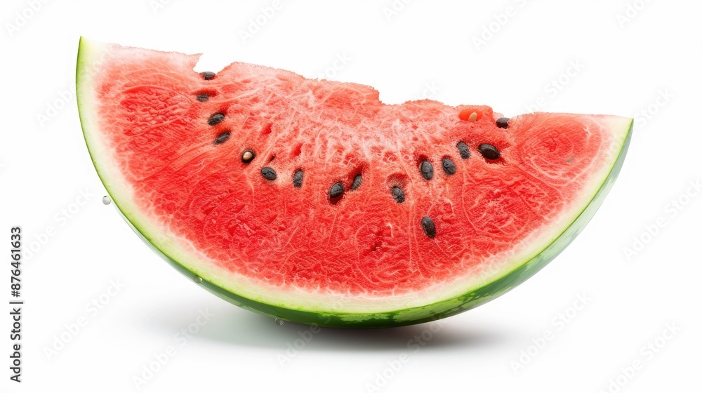 Fresh slice of watermelon with visible seeds on a clean white surface, ideal for food and health related images Fresh slice of watermelon with visible seeds on a clean white surface, ideal for food and health related images