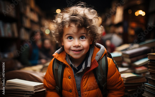 A young child wearing an orange jacket and backpack is smiling at the camera. The scene appears to be in a library, with many books scattered around the child. Scene is cheerful and playful