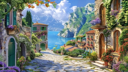 Coastal Serenity Enchanting Mediterranean Village with Stone Houses and FlowerCovered Balconies