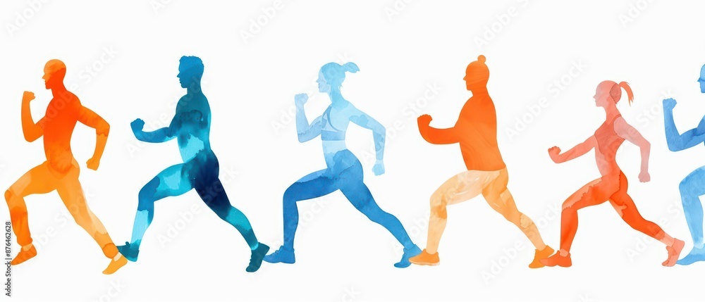 A bright watercolor illustration of fitness classes, highlighting a variety of group exercise sessions in a modern fitness studio, isolate on white background with copy space A bright watercolor illustration of fitness classes, highlighting a variety of group exercise sessions in a modern fitness studio, isolate on white background with copy space