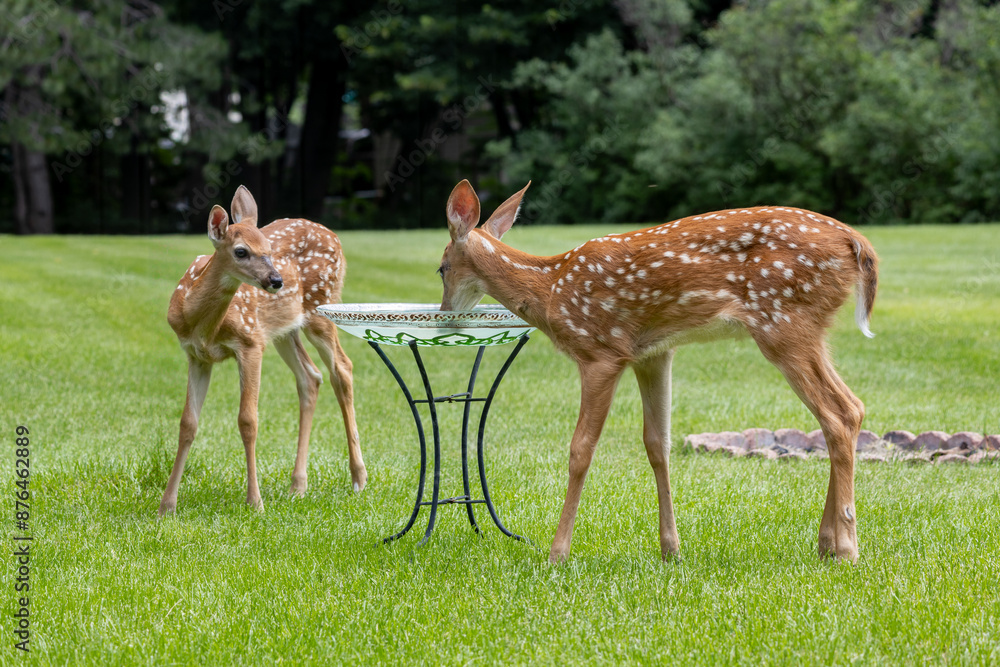 Close up view of a pair of white-tailed deer fawns drinking water at a residential bird bath in a large grass lawn
Close up view of a pair of white-tailed deer fawns drinking water at a residential bird bath in a large grass lawn