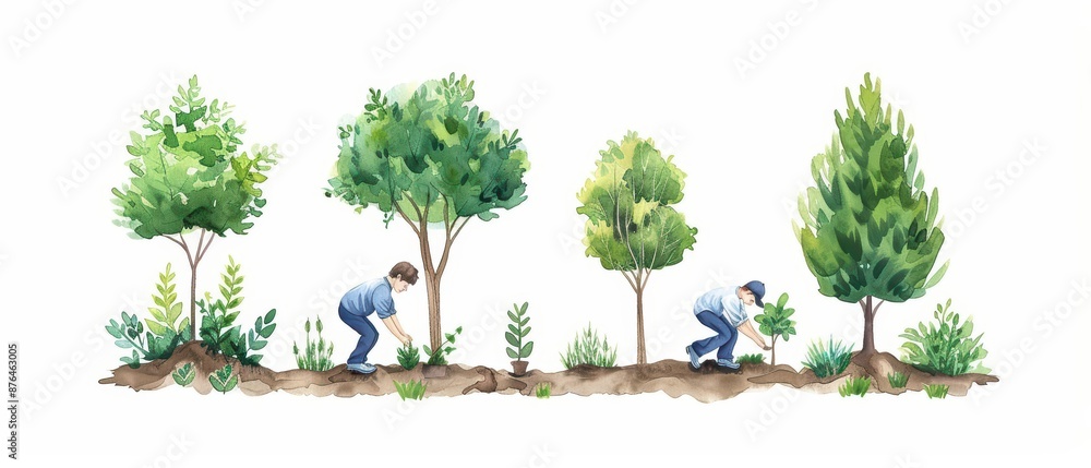 Fototapeta premium A charming watercolor illustration of ecosystem restoration, capturing volunteers planting trees and restoring natural habitats, isolate on white background with copy space