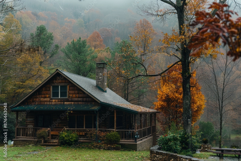 Cozy Mountain Cabin Porch in Autumn, Surrounded by Trees and Nature - Ideal for Home Decor or Autumn-Themed Projects Cozy Mountain Cabin Porch in Autumn, Surrounded by Trees and Nature - Ideal for Home Decor or Autumn-Themed Projects