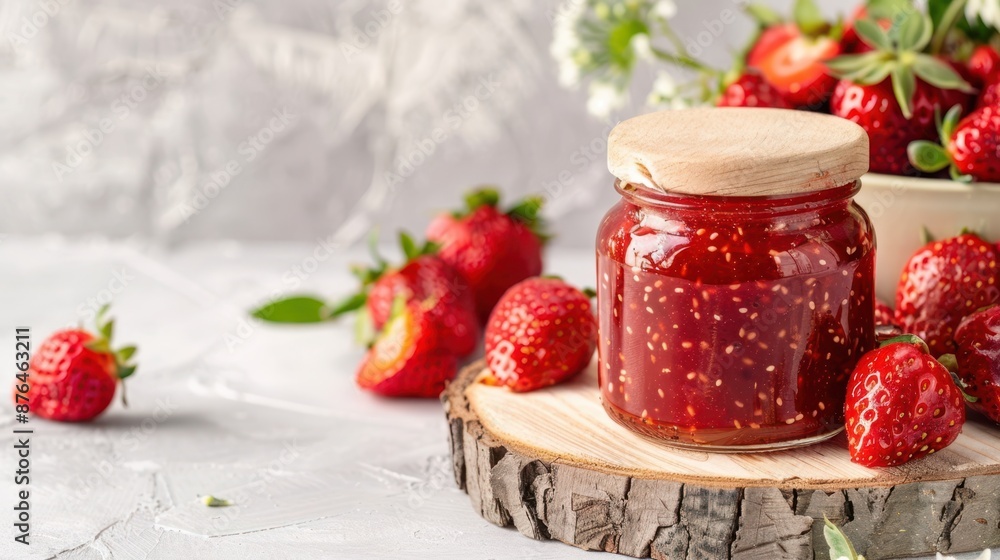 Jar of strawberry jam with fresh strawberries on a wooden slice. Homemade preserves and summer fruit concept. Jar of strawberry jam with fresh strawberries on a wooden slice. Homemade preserves and summer fruit concept.
