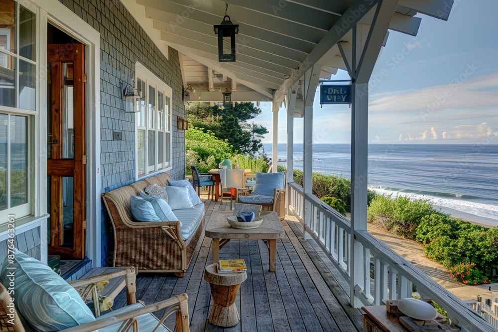 Fototapeta premium Charming Nautical Beach Cottage Porch with Ocean View for Relaxation and Comfort