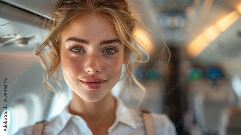 A confident woman inside an airplane cabin smiles intriguingly at the camera, highlighting travel experiences, adventure, and the joy of new journeys in a modern setting. A confident woman inside an airplane cabin smiles intriguingly at the camera, highlighting travel experiences, adventure, and the joy of new journeys in a modern setting.