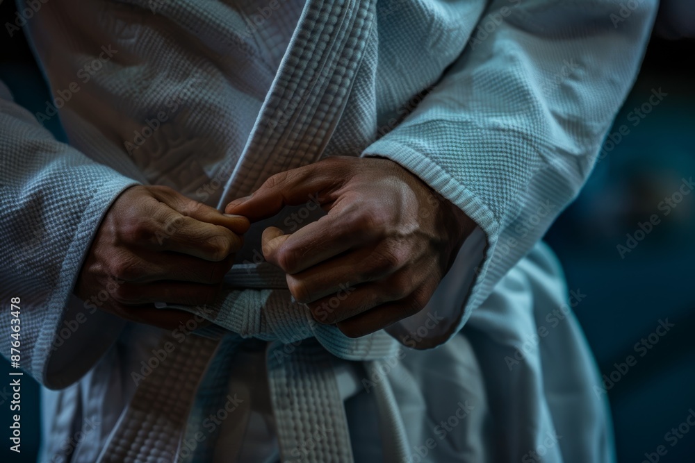 Athlete's Hands Tightening Judo Gi, Symbolizing Readiness and Discipline in an Olympic Setting Athlete's Hands Tightening Judo Gi, Symbolizing Readiness and Discipline in an Olympic Setting
