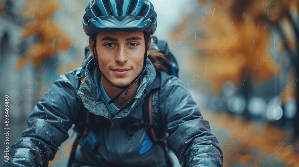 A young male cyclist wearing protective gear and a helmet rides confidently through an autumn urban setting, with raindrops falling and yellow leaves in the background. A young male cyclist wearing protective gear and a helmet rides confidently through an autumn urban setting, with raindrops falling and yellow leaves in the background.